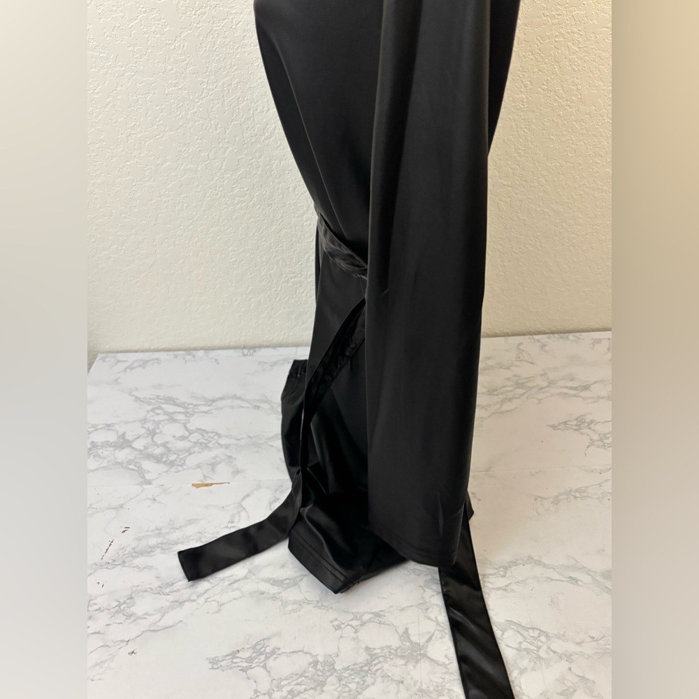 Black Faux Leather Strapless Mini Dress L Pullover Belted Long Sleeve - Picture 3 of 5
